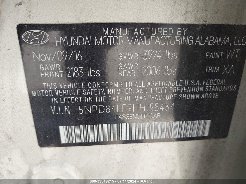 5NPD84LF9HH158434 2017 Hyundai Elantra Se