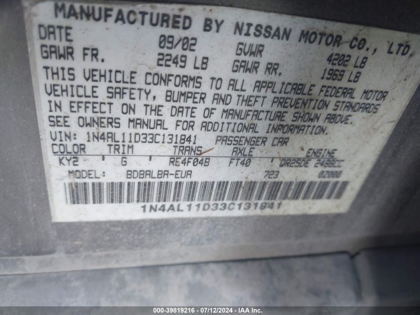 2003 Nissan Altima 2.5 S VIN: 1N4AL11D33C131841 Lot: 39819216