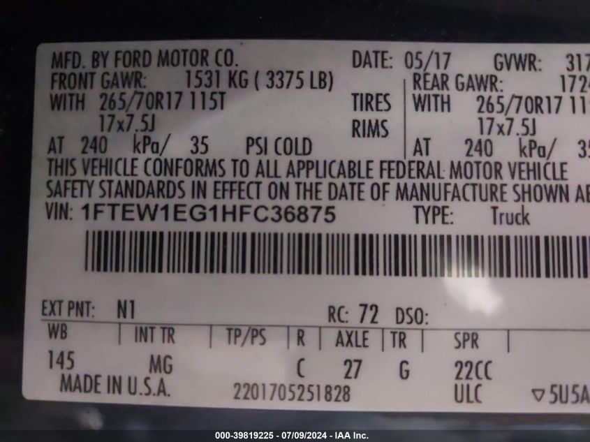 2017 Ford F150 Supercrew VIN: 1FTEW1EG1HFC36875 Lot: 39819225