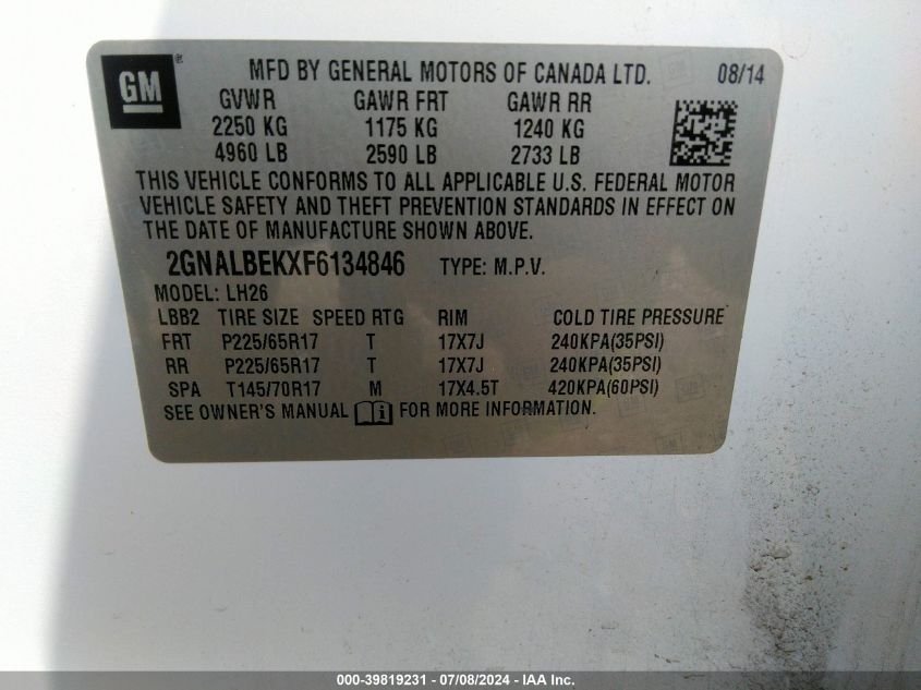 2015 Chevrolet Equinox 1Lt VIN: 2GNALBEKXF6134846 Lot: 39819231