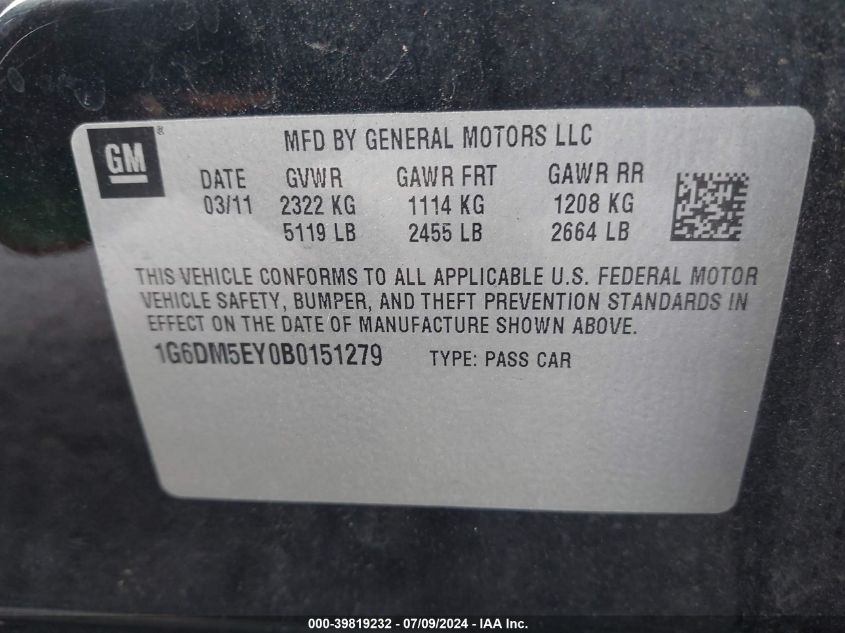 2011 Cadillac Cts Sedan Performance VIN: 1G6DM5EY0B0151279 Lot: 39819232