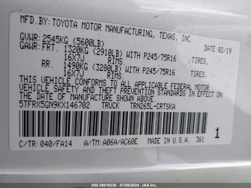 2019 Toyota Tacoma Sr VIN: 5TFRX5GN9KX146702 Lot: 39819236