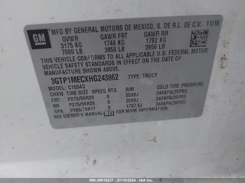 2017 GMC Sierra 1500 Sle VIN: 3GTP1MECXHG243862 Lot: 39819237