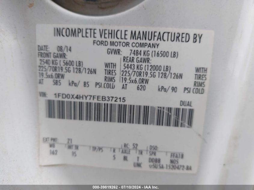 2015 Ford F450 Super Duty VIN: 1FD0X4HY7FEB37215 Lot: 39819262