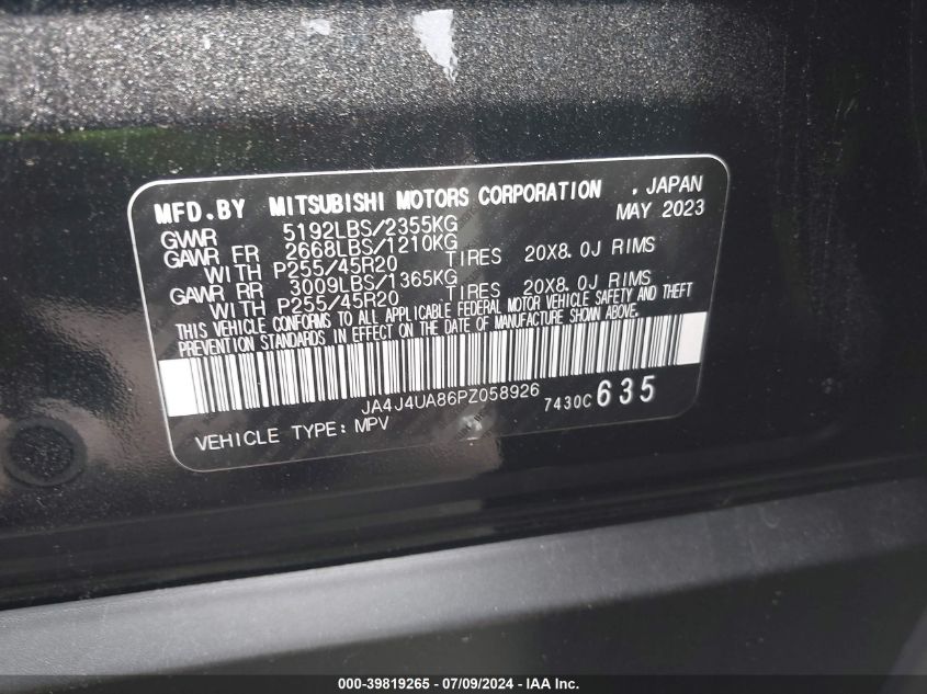 2023 Mitsubishi Outlander Se 2.5 S-Awc VIN: JA4J4UA86PZ058926 Lot: 39819265