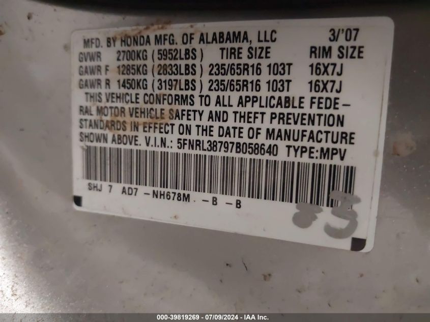 2007 Honda Odyssey Ex-L VIN: 5FNRL38797B058640 Lot: 39819269