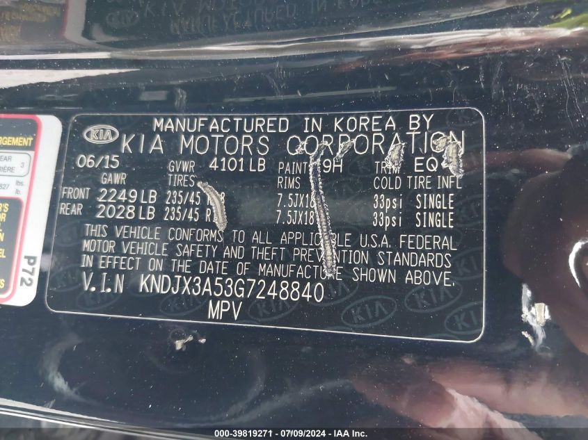 2016 Kia Soul ! VIN: KNDJX3A53G7248840 Lot: 39819271