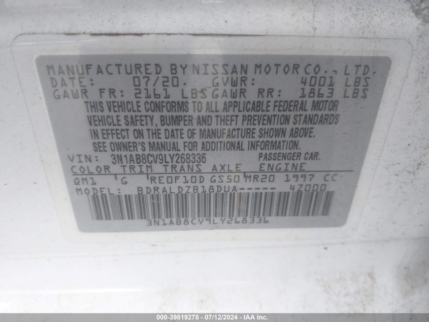 2020 Nissan Sentra Sv Xtronic Cvt VIN: 3N1AB8CV9LY268336 Lot: 39819278