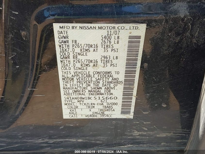 2008 Nissan Xterra S VIN: 5N1AN08W18C515660 Lot: 39819319