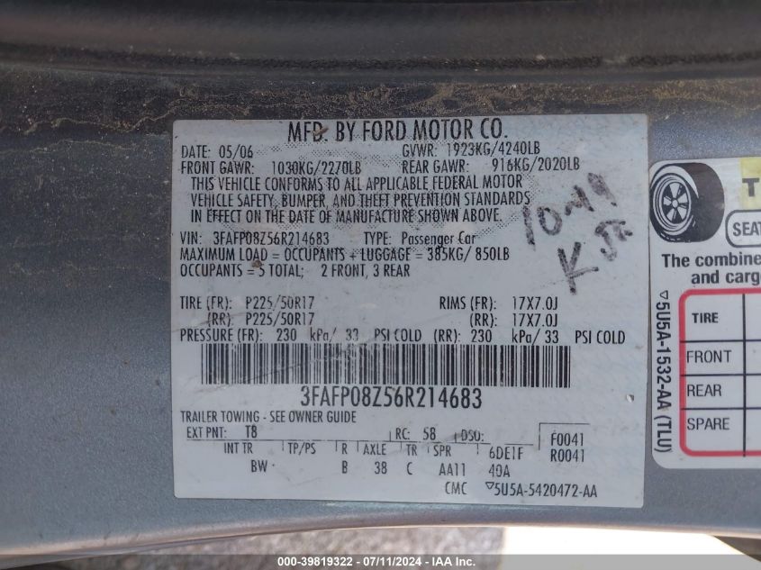 2006 Ford Fusion Sel VIN: 3FAFP08Z56R214683 Lot: 39819322