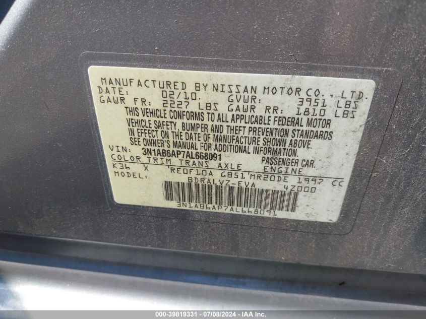 2010 Nissan Sentra 2.0Sl VIN: 3N1AB6AP7AL668091 Lot: 39819331