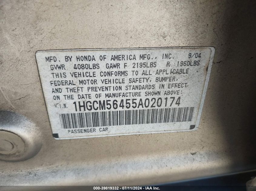 2005 Honda Accord 2.4 Lx VIN: 1HGCM56455A020174 Lot: 39819332