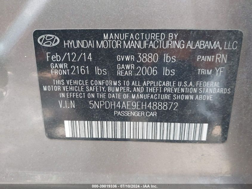 2014 Hyundai Elantra Se VIN: 5NPDH4AE9EH488872 Lot: 39819336