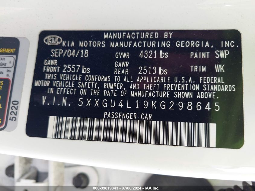 2019 Kia Optima Ex VIN: 5XXGU4L19KG298645 Lot: 39819343