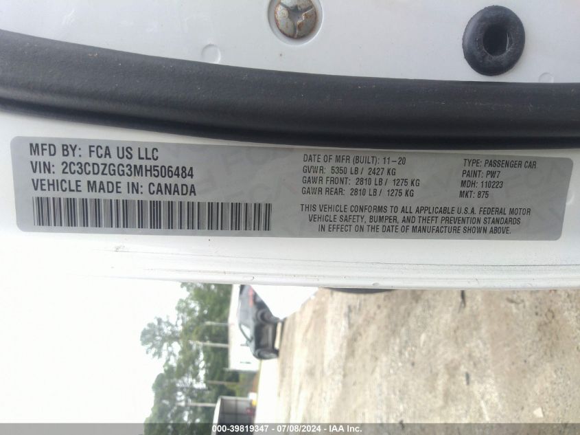 2021 Dodge Challenger Sxt Awd VIN: 2C3CDZGG3MH506484 Lot: 39819347