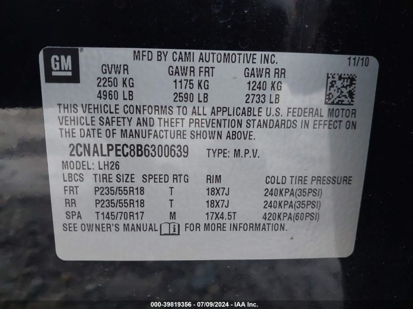 2011 Chevrolet Equinox 2Lt VIN: 2CNALPEC8B6300639 Lot: 39819356