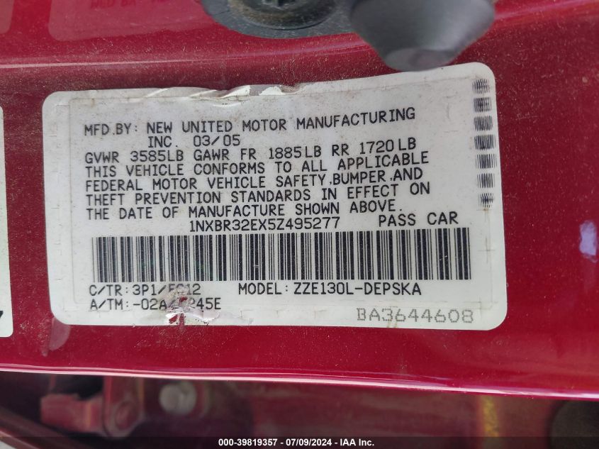 2005 Toyota Corolla S VIN: 1NXBR32EX5Z495277 Lot: 39819357