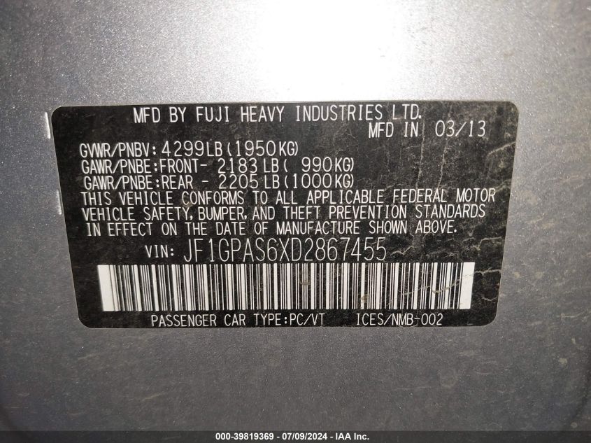 2013 Subaru Impreza Sport Limited VIN: JF1GPAS6XD2867455 Lot: 39819369