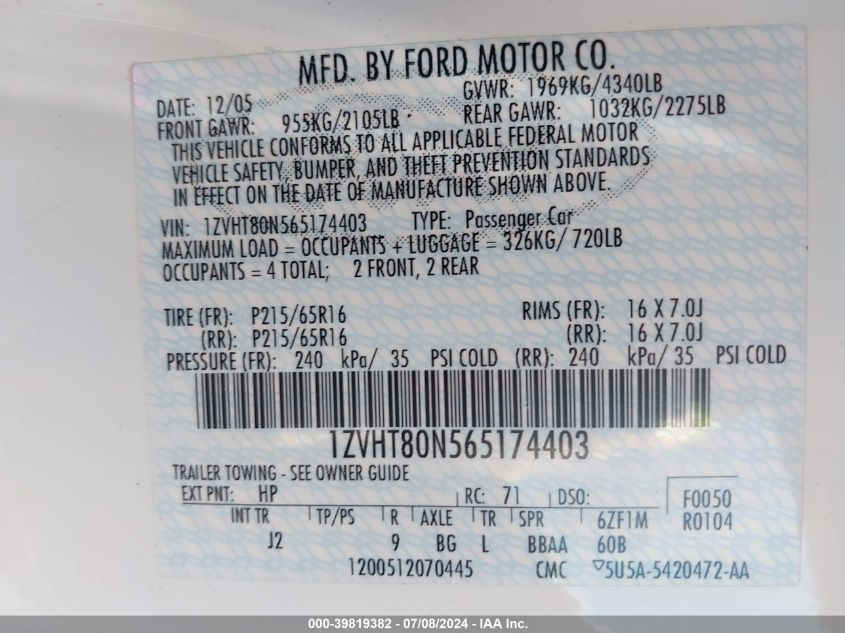 2006 Ford Mustang V6 VIN: 1ZVHT80N565174403 Lot: 39819382