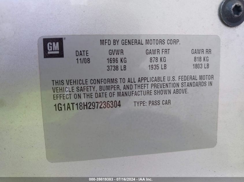 2009 Chevrolet Cobalt Lt VIN: 1G1AT18H297236304 Lot: 39819383