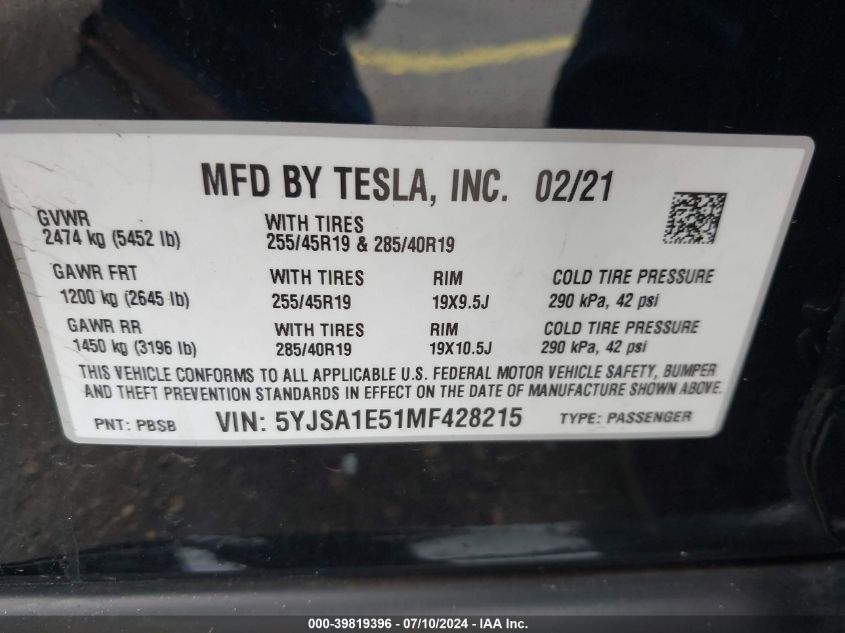 2021 Tesla Model S VIN: 5YJSA1E51MF428215 Lot: 39819396