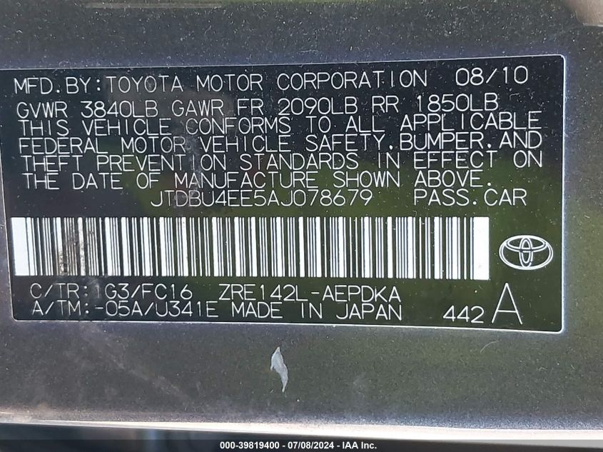 2010 Toyota Corolla Le VIN: JTDBU4EE5AJ078679 Lot: 39819400