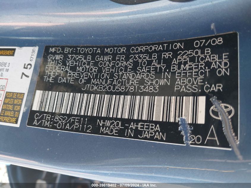 2008 Toyota Prius VIN: JTDKB20U587813483 Lot: 39819402
