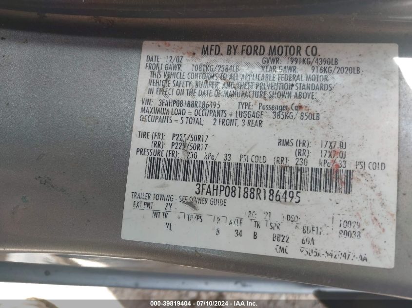 2008 Ford Fusion Sel VIN: 3FAHP08188R186495 Lot: 39819404