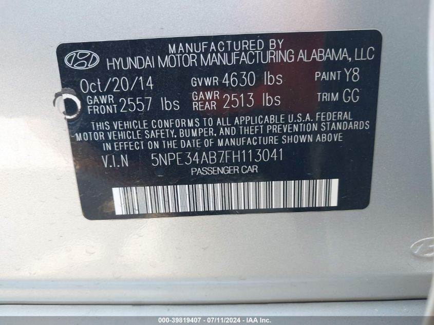 2015 Hyundai Sonata Limited 2.0T VIN: 5NPE34AB7FH113041 Lot: 39819407