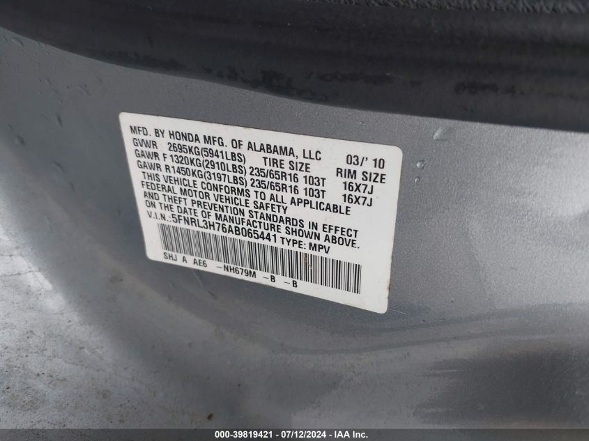 2010 Honda Odyssey Ex-L VIN: 5FNRL3H76AB065441 Lot: 39819421