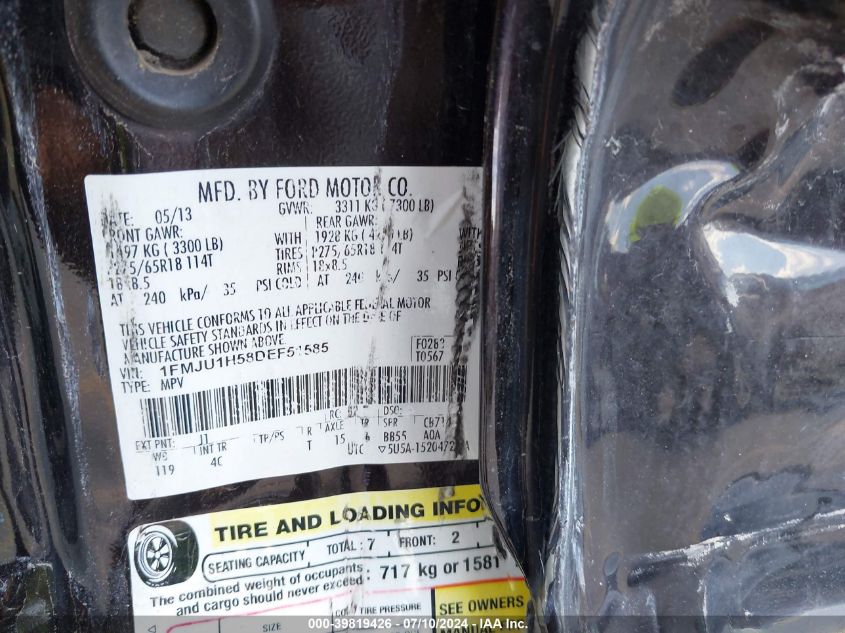 2013 Ford Expedition Xlt VIN: 1FMJU1H58DEF51585 Lot: 39819426