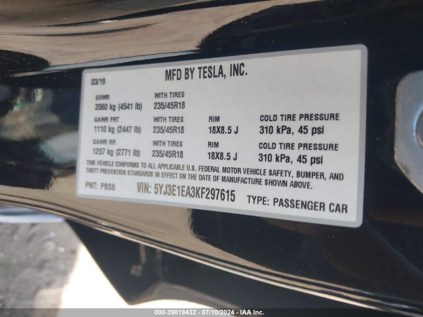 2019 Tesla Model 3 Long Range/Mid Range/Standard Range/Standard Range Plus VIN: 5YJ3E1EA3KF297615 Lot: 39819432