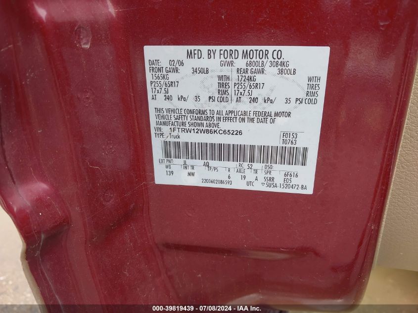 2006 Ford F-150 Xlt VIN: 1FTRW12W86KC65226 Lot: 39819439