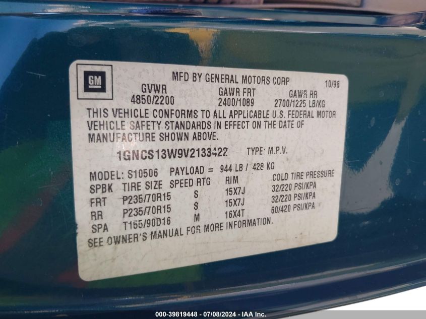 1997 Chevrolet Blazer Ls VIN: 1GNCS13W9V2133422 Lot: 39819448