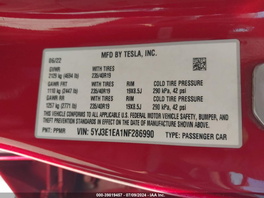 2022 Tesla Model 3 Rear-Wheel Drive VIN: 5YJ3E1EA1NF286990 Lot: 39819457