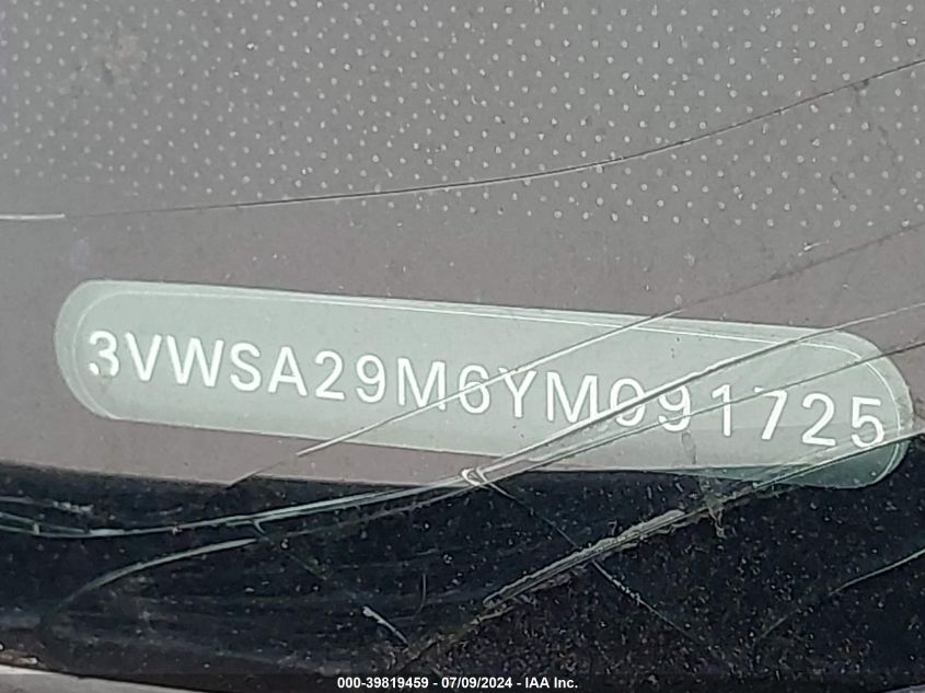 2000 Volkswagen Jetta Gls VIN: 3VWSA29M6YM091725 Lot: 39819459