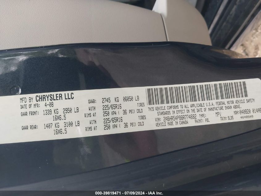 2008 Chrysler Town & Country Touring VIN: 2A8HR54P88R774682 Lot: 39819471