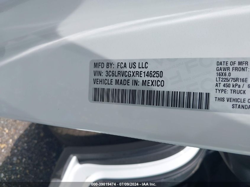 2024 Ram Promaster 2500 Tradesman High Roof 136 Wb W/Pass Seat VIN: 3C6LRVCGXRE146250 Lot: 39819474