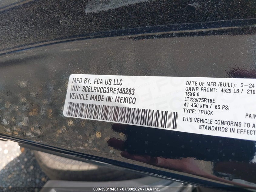 2024 Ram Promaster 2500 Tradesman High Roof 136 Wb W/Pass Seat VIN: 3C6LRVCG3RE146283 Lot: 39819481