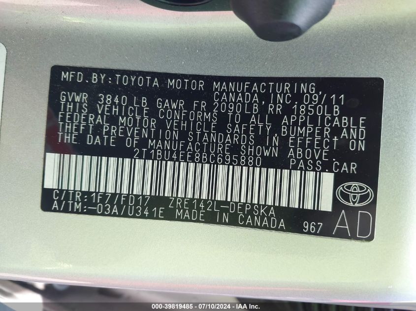 2011 Toyota Corolla S VIN: 2T1BU4EE8BC695880 Lot: 39819485