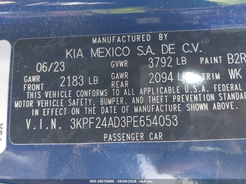2023 Kia Forte Lxs VIN: 3KPF24AD3PE654053 Lot: 39819498