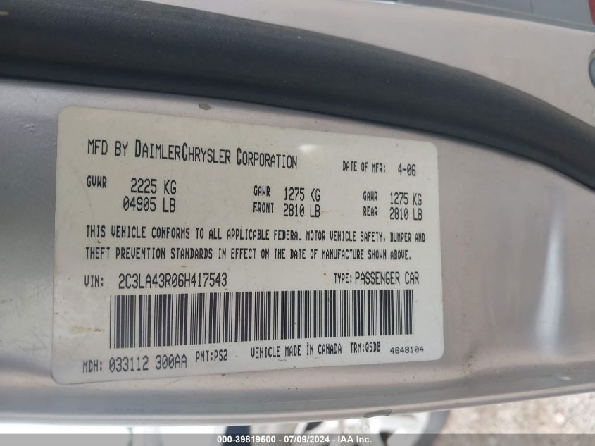 2006 Chrysler 300 VIN: 2C3LA43R06H417543 Lot: 39819500