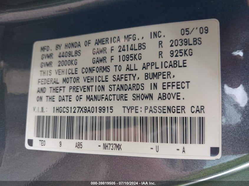 2009 Honda Accord 2.4 Ex VIN: 1HGCS127X9A019915 Lot: 39819505