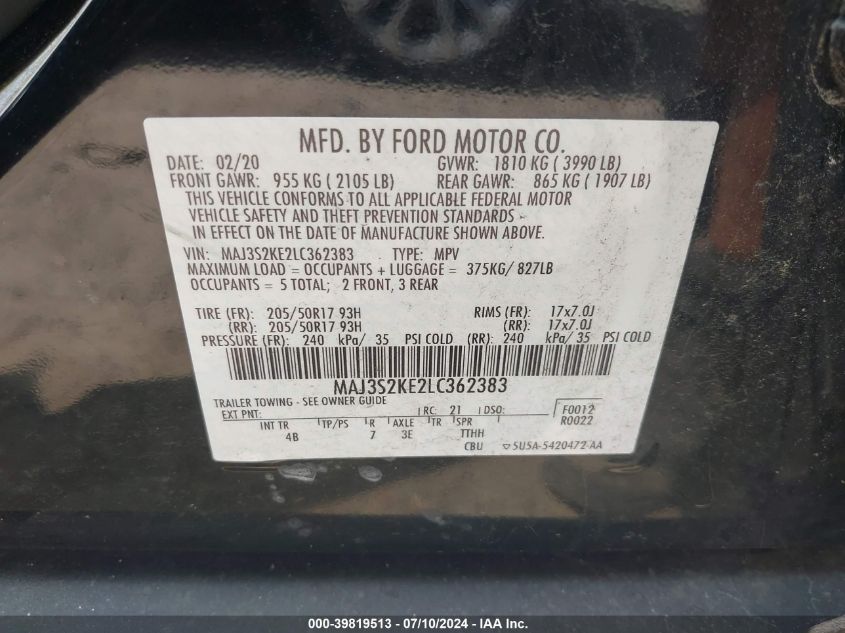 2020 Ford Ecosport Titanium VIN: MAJ3S2KE2LC362383 Lot: 39819513