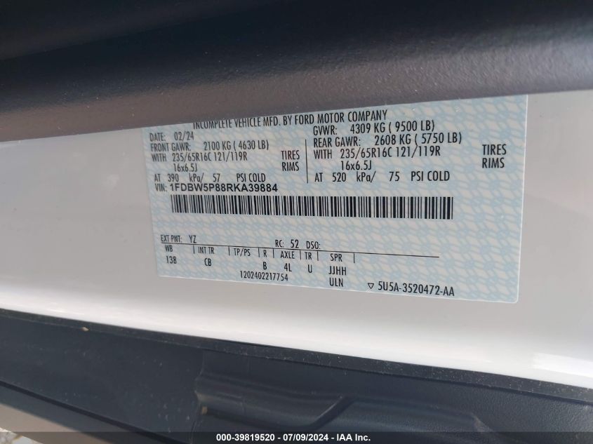 2024 Ford Transit T-350 VIN: 1FDBW5P88RKA39884 Lot: 39819520