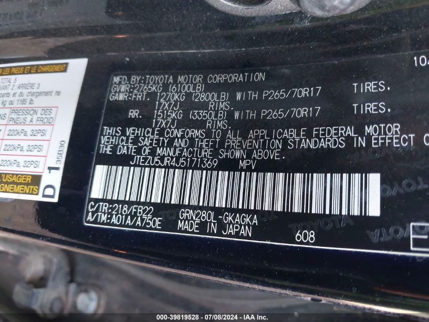 2018 Toyota 4Runner Sr5/Limited/Sr5 Premium VIN: JTEZU5JR4J5171369 Lot: 39819528