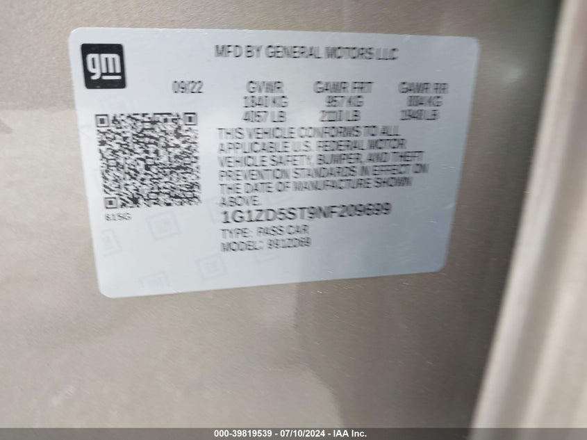 2022 Chevrolet Malibu Fwd Lt VIN: 1G1ZD5ST9NF209699 Lot: 39819539