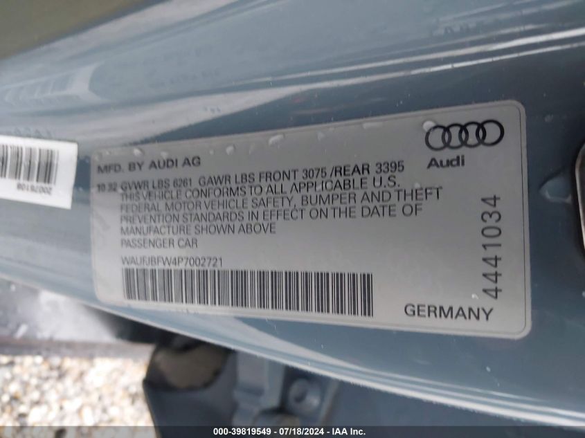 2023 Audi E-Tron Gt Premium Plus Quattro VIN: WAUFJBFW4P7002721 Lot: 39819549