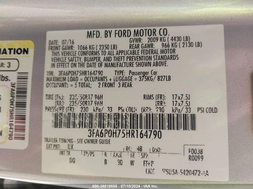 2017 FORD FUSION SE - 3FA6P0H75HR164790