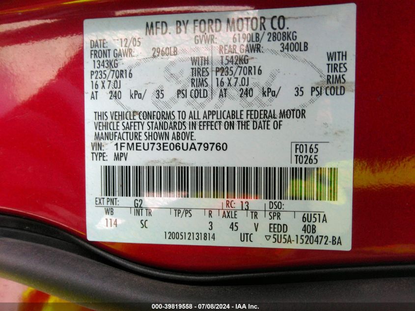 2006 Ford Explorer Xlt VIN: 1FMEU73E06UA79760 Lot: 39819558